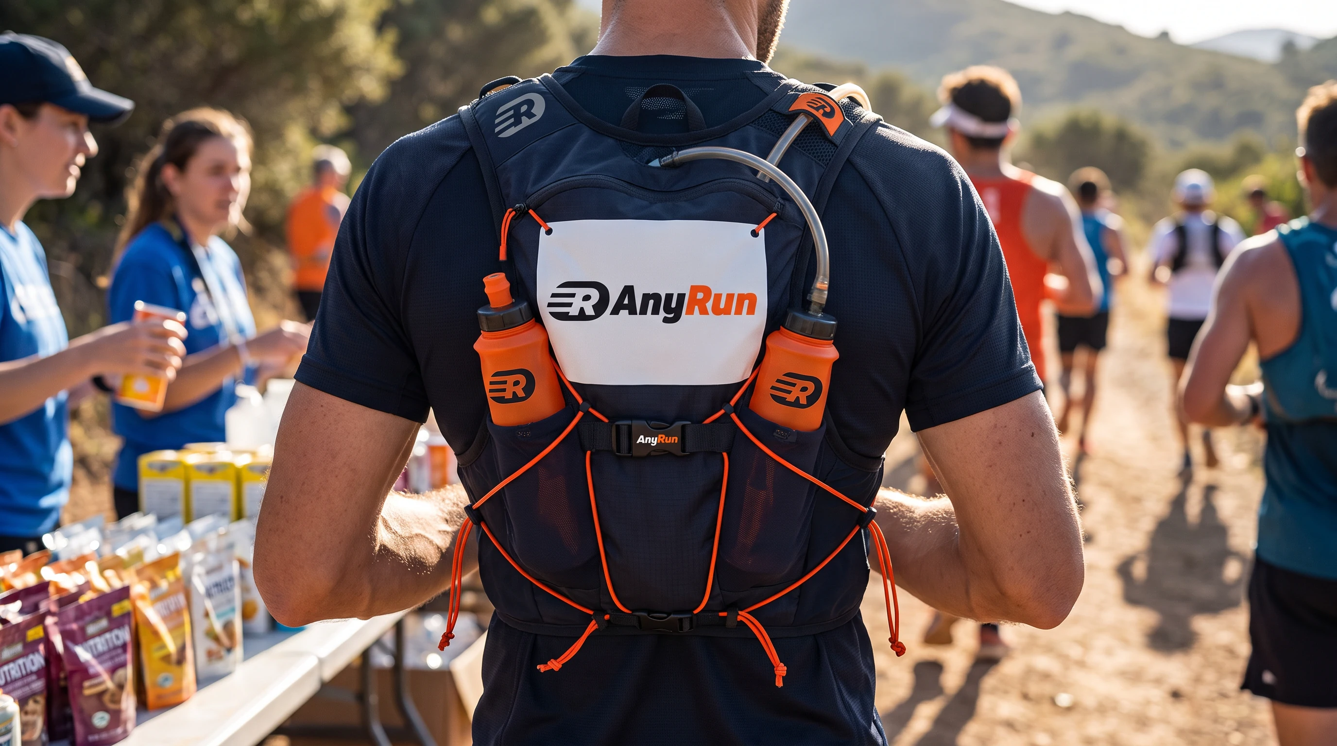 A trail runner seen from behind at a race aid station, wearing a navy AnyRun race vest with two orange soft flasks, as volunteers hand out cups at a table of snacks beside the track
