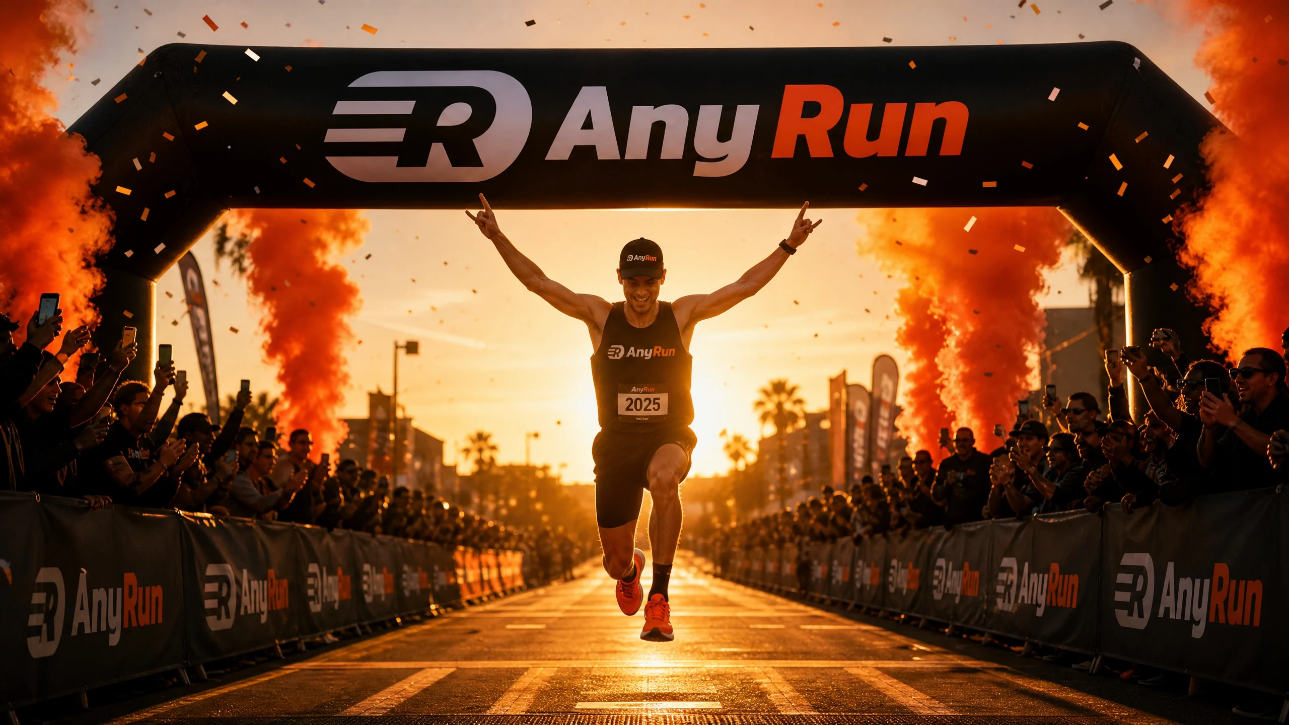 A runner crossing an AnyRun finish arch at golden hour, arms wide, the crowd packed behind the barriers on both sides