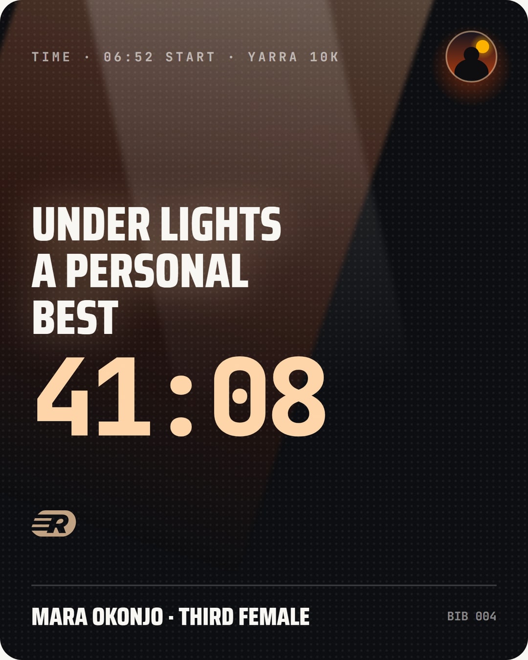 A share card: gold type on a floodlit night ground: 'Under lights, a personal best', 41:08