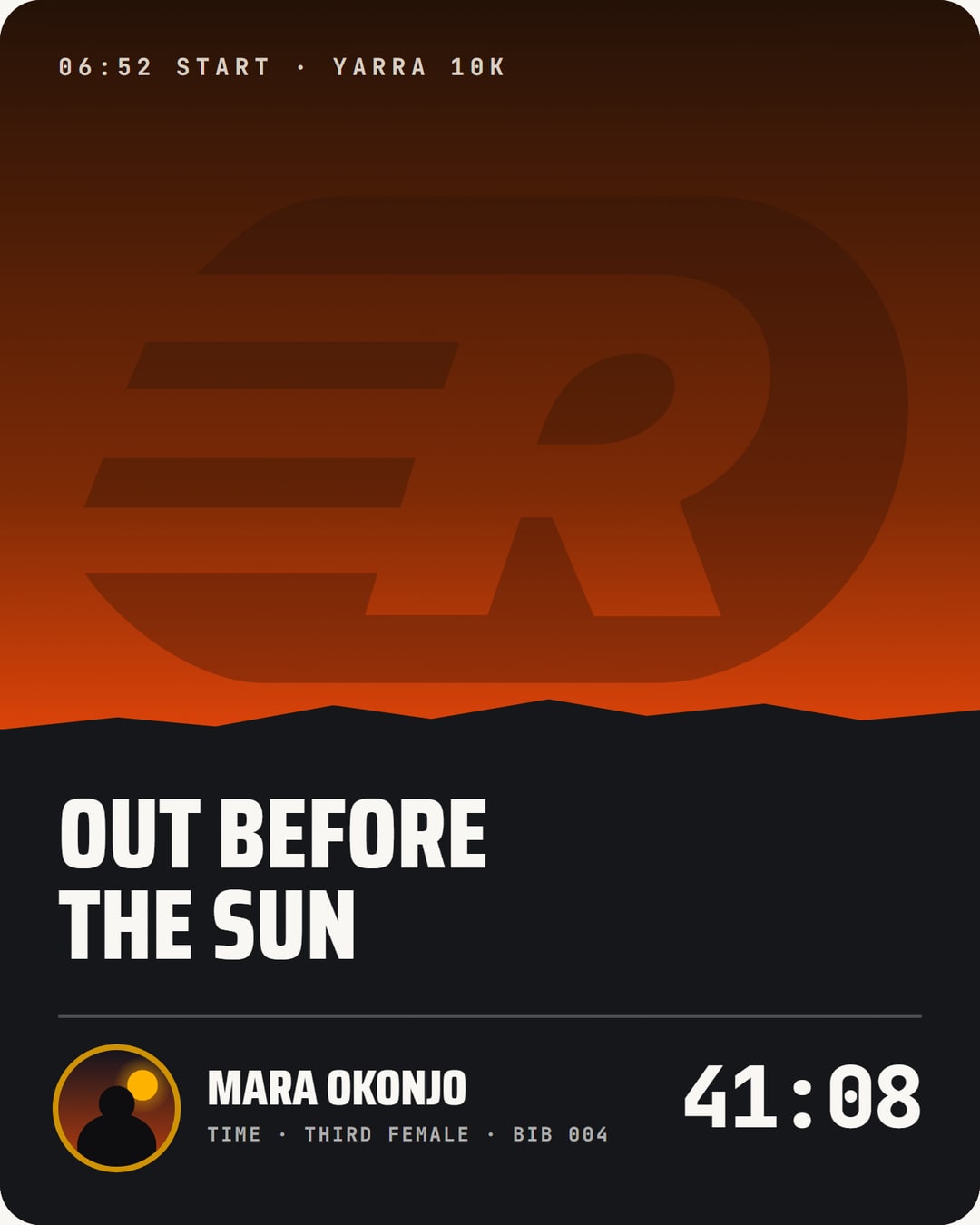 A share card: the AnyRun mark rising over a dark ridge at dawn: 'Out before the sun'