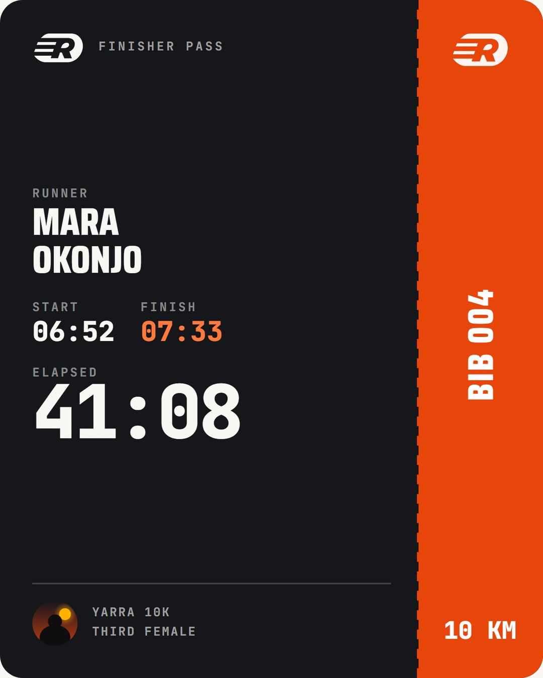A share card shaped like a boarding pass: runner, start and finish times, an ember bib stub