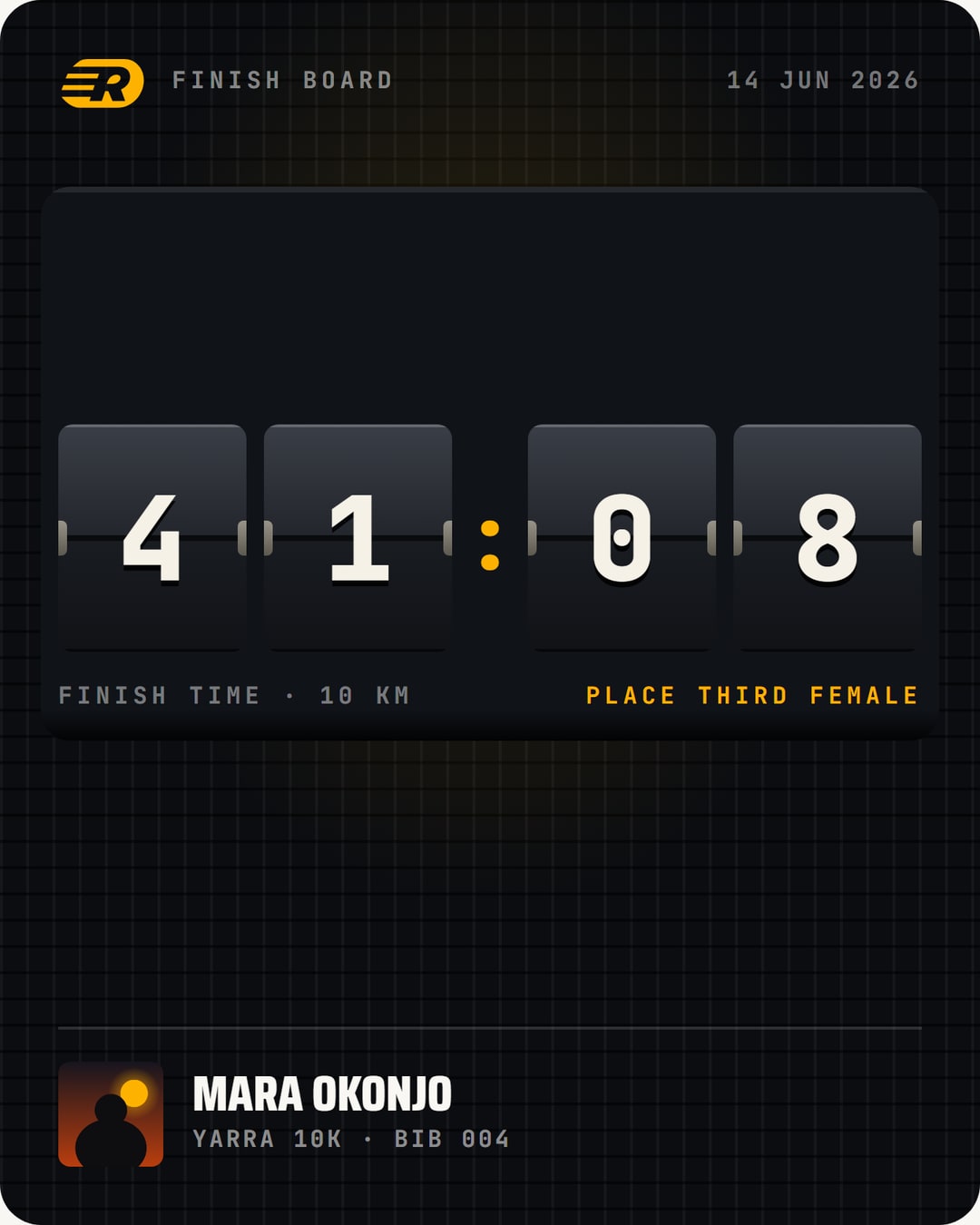A share card drawn as a split-flap finish board in black and gold, the mark top-left