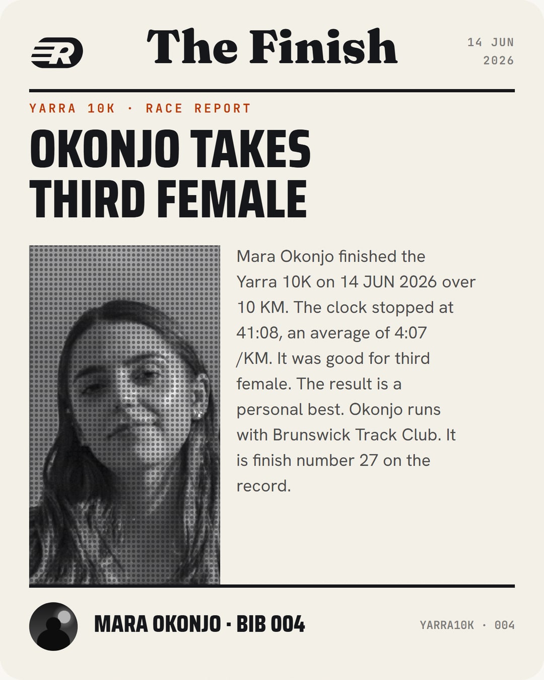 A share card styled as a broadsheet front page: 'Okonjo takes third female'